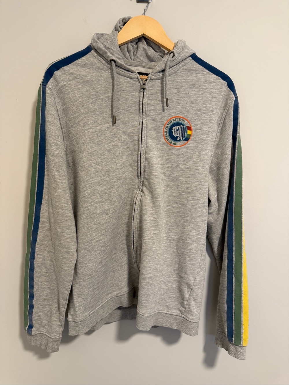 Buffalo David Bitton Gray Zip-Up Hoodie with Blue, Green & Yellow Sleeve Stripes